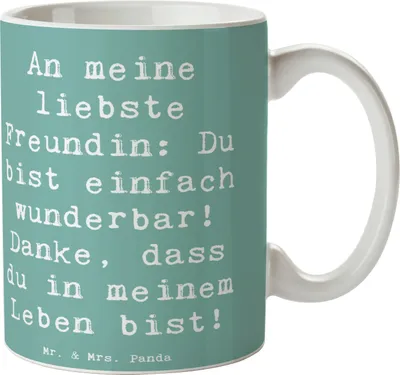 Produktbild von Mr. & Mrs. Panda Becher Spruch Liebste Freundin - Meeresbrise - Geschenk, Kaffeebecher, Liebe, Trinkbecher, Wertschätzung, Aufmerksamkeit, Tasse, handgefertigt, Danke