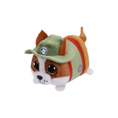 A plush toy dog wearing a green hat and an orange and green vest.