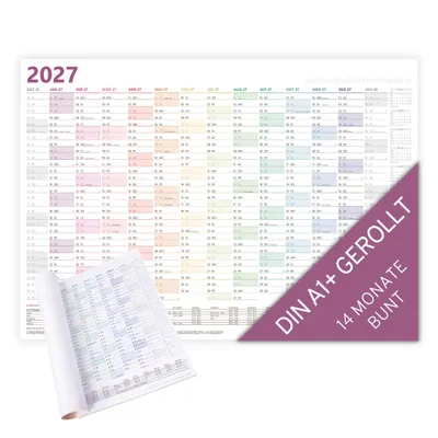 Produktbild von PuK XXL Wandkalender 2027 A1+ GEROLLT | 14 Monate mit Ferien und Feiertage | 89 x 63 cm DIN A1+ quer Jahresplaner | Kalender 2027 groß, Jahreskalender