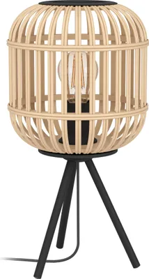 Produktbild von EGLO Tischlampe Bordesley, Tischleuchte Vintage, Natur, Boho, Hygge, Nachttischlampe aus Stahl und Holz, Naturfarben, Lampe mit Schalter, E27