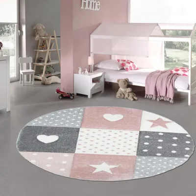 Produktbild von Kinderzimmer Teppich Spiel & Baby Teppich Herz Stern Punkte Design in rosa weiß grau Größe - 200 cm Rund