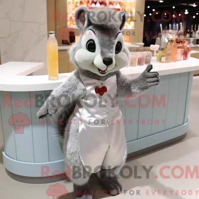 Productafbeelding van Mascot REDBROKOLY karakter van een grijze eekhoorn gekleed met een cocktailjurk en armbanden