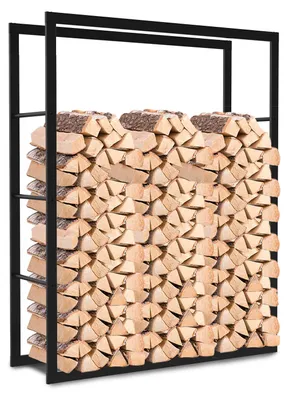 Zdjęcie produktu dla Eikuavons, regał na drewno kominkowe, wymiary 150 × 80 × 25 cm, metalowy, kolor czarny, modułowa konstrukcja, udźwig do 150 kg