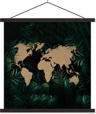 Produktbild von MuchoWow® Textilposter Weltkarte - Blumen - Pflanzen 90x90 cm mit schwarzem Rahmen - Magnetisches