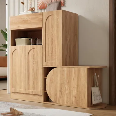 Image de Armoire à chaussures Merax avec banc intégré, 5 portes, 1 tiroir, compartiment ouvert, étagère à chaussures, rangement à chaussures, commode à chaussures pour entrée et couloir, finition bois naturel