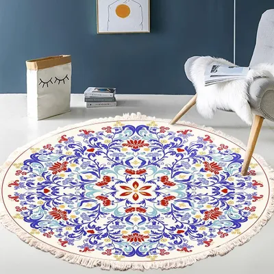 Produktbild von Mandala Muster Waschbarer Bohemian runder Teppich mit Fransen 100cm