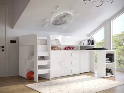 Obrázek produktu pro Zvýšená multifunkční dětská postel 90x200 LANKA 1 - bílá / lesklá bílá