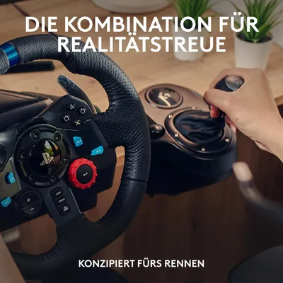 Close-up of a racing wheel and gear shifter.
