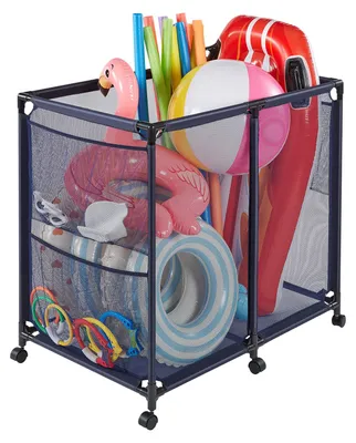 Zdjęcie produktu dla VEVOR Pojemnik do przechowywania akcesoriów basenowych 93,5 x 61 x 90,4 cm, pojemnik do przechowywania akcesoriów basenowych z 6 kółkami, organizer z metalową ramą i bocznymi kieszeniami, kosz do przechowywania makaronów basenowych i sprzętu pływackiego