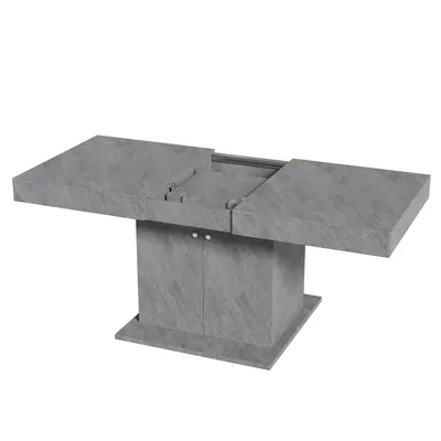 A gray rectangular dining table with a pedestal base, shown from a slight angle against a white background.