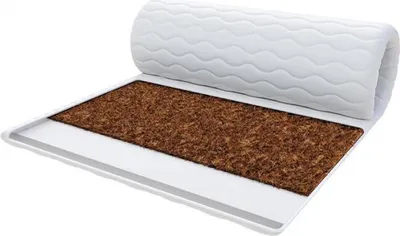A cutaway view of a mattress topper showing its layers, including a white quilted cover and a brown coconut fiber core.