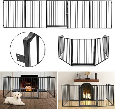 Image de Jopassy barrière de cheminée métal 300 x 76 cm rabattable barrière de protection pour animaux 5 éléments incl. porte parc barrière pour animaux barrière de porte