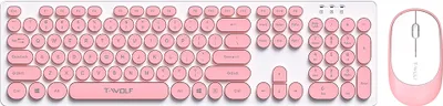 A pink wireless keyboard and mouse set with round retro keycaps, displayed on a white background.