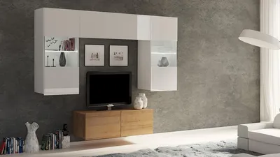 Produktbild von Wohnwand CALABRINI-10 Wohnzimmer-Set Hängewohnwand Schrankwand mit LED-Beleuchtung TV-Schrank Vitrine Moderne Anbauwand Hochglanz (Weiß / Eiche Gold)