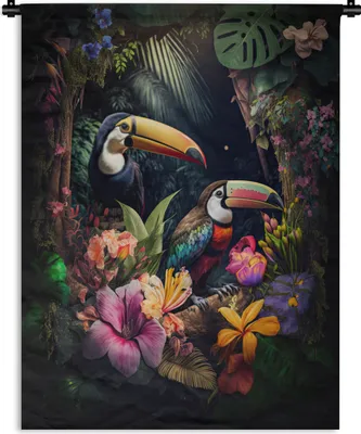 Produktbild von MuchoWow® Wandteppich Wandbehang Tukan - Blumen - Regenbogen - Pflanzen - Dschungel 120x160 cm Tapisserie Dekoration Wandtuch - Wohnzimmer - Moderne