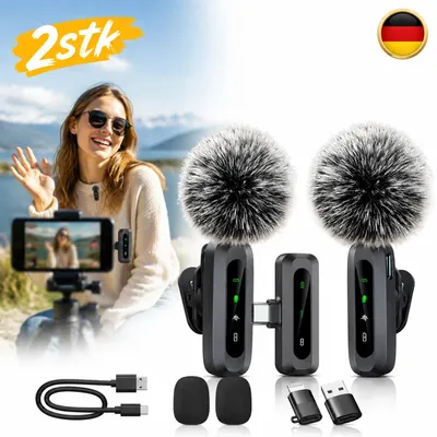 Immagine prodotto di 2 microfoni lavalier wireless, clip-on, per smartphone, ideali per live streaming, NUOVI