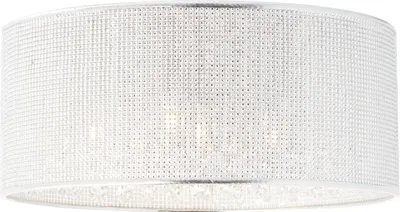 A close-up, front-facing view of a decorative ceiling light fixture with a textured, metallic shade.