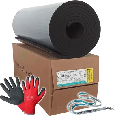 A roll of insulation material, a cardboard box, and a pair of gloves are displayed.