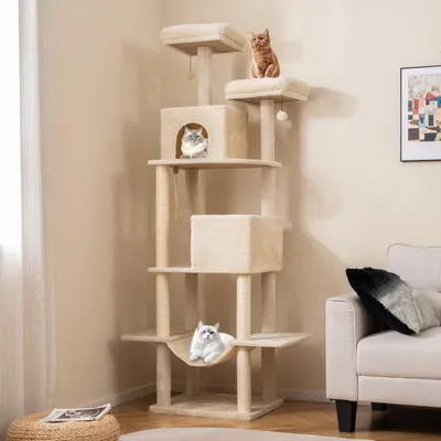 Obrázek produktu pro Kočičí strom – Odpočinková věž pro kočky – Lezecký prvek – Hrací strom – Nábytek pro kočky – Béžová barva – Výška 205 cm