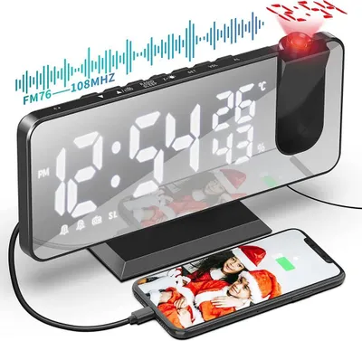 Produktbild von Projektionswecker, digitaler Radiowecker, 7,5" LED Display, 4 Helligkeitsstufen, Dualer Wecker, Snooze-Funktion, USB-Ladeanschlüsse