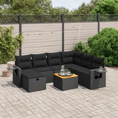 Produktbild von Design 8-tlg. Garten-Sofagarnitur mit Kissen Schwarz Poly Rattan, Gartenmöbel-Sets 2024 Neu