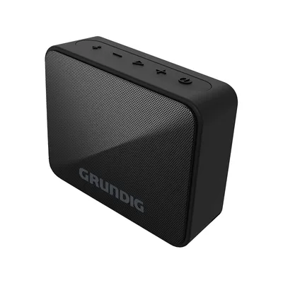 A black Grundig portable speaker is shown from a slightly elevated angle against a white background.