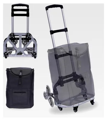 Produktbild von Klappbare Sackkarre mit Treppensteiger, Aluminium Transportkarre bis 75 kg, Treppenkarre mit Canvas-Tasche und elastischem Seil, 6-Rad Treppensteiger-Sackkarre für Häuser und Geschäfte