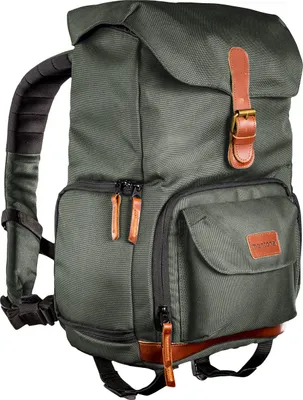 Produktbild von Mantona Luis junior Retro Fotorucksack grün mit Leder, Kamerarucksack inkl. Regenschutzhülle, Fototasche mit Laptopfach, Backpack geeignet für 1 x DSLR-Kamera, 1-Objektive und diverses Fotozubehör