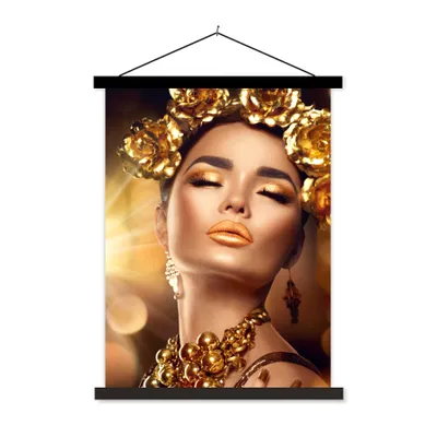 Produktbild von MuchoWow® Textilposter Frau - Blumen - Gold 60x80 cm mit schwarzem Rahmen - Plakathalter