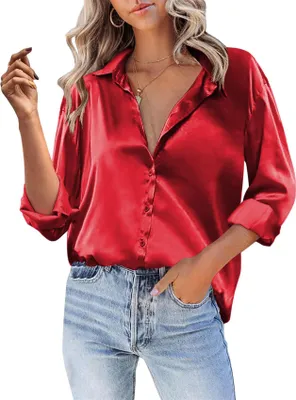 Image de ASKSA Chemise Femme Satin Col V Chemise Elégante Boutons Hauts Casual Unicolore Tunique Manches Longues (Rouge,XXL)