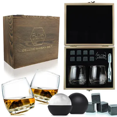 Rocking Whiskygläser-Set mit Granitsteinen, 2x300ml, Holzgeschenkbox