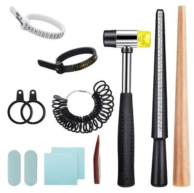 Imagen del producto de Juego de calibres para anillos, de 11 piezas, que incluye un calibrador de anillos y un medidor de anillos, ideal para la fabricación de joyería