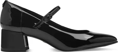 A black patent leather Mary Jane pump with a block heel and ankle strap, shown from a side angle against a white background.