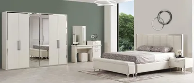 Immagine prodotto di Set di mobili da camera da letto bianchi: letto con struttura e testiera, armadio, comò da trucco
