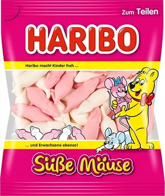 Produktbild von Haribo Süße Mäuse, 175 g, Pink, Weiß, Zucker; Glukosesirup; Dextrose; Gelatine; Säuerungsmittel: Citronensäure; Frucht- und..., 363 kcal, 1541 kJ, 0,5 g