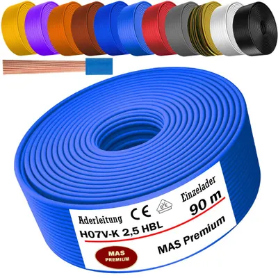 Productafbeelding van 90 meter aderkabel H07 V-K, type HBL, 1x2,5 mm², lichtblauw, enkeldradig, flexibel