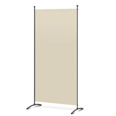 A freestanding room divider with a beige fabric panel and a black metal frame.