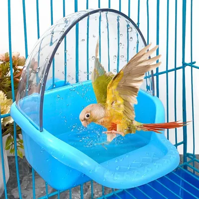 Produktbild von Vogelbadewanne, hängendes Vogelbadespielzeug, Wellensittichkäfigbad, Papageienbad, Wasserdusche, Futterspender, Ständer, Tablett, Vogeltränken für Vogelkäfige, Zubehör