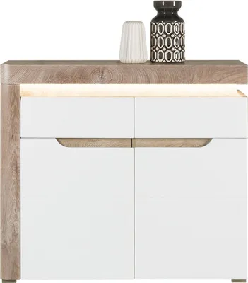 Produktbild von Furniture24 Kommode Irma IM3 Schrank Wohnzimmerschrank Sideboard mit 2 Türen 1 Schublade und Led Beleuchtug Eiche/Weiß Hochglanz
