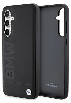 A black BMW branded phone case is shown from the front and back.
