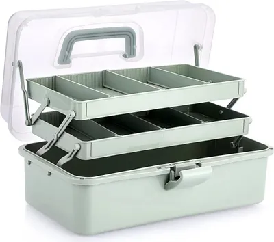 Produktbild von Aufbewahrungsbox mit 3-lagigen Kunststoff-Unterteilungen, mit verstellbaren Abstandshaltern, tragbarer Griff, Kunstbedarf, Organizer, Mehrzweckbox für Medizin, Nähkästchen, Organizer