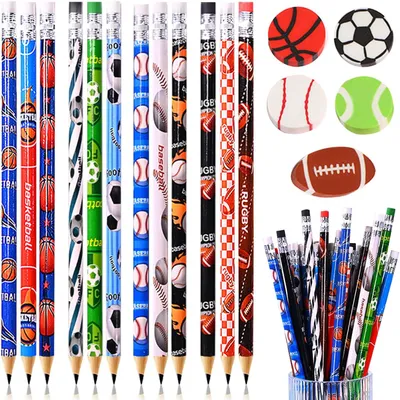 Produktbild von Sport Bleistift Set 63-teilig, 48 HB Bleistifte, 15 Radiergummis, fuer Schule, Sportfest