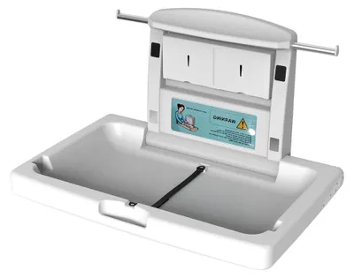 Produktbild von Wandmontierte Wickelkommode mit abnehmbarem Wickeltisch, grauer Wickeltisch mit Wickelauflage und Sicherheitsgurt