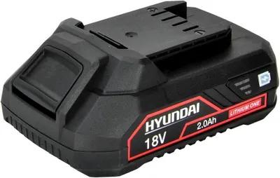 A black Hyundai 18V 2.0Ah lithium-ion battery pack is shown against a white background.