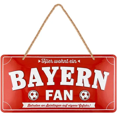 Produktbild von LANOLU Retro Blechschild Hier wohnt ein Bayern Fan, geprägtes Metall Schild mit Jutelkordel, lustiges Vatertag Geschenk Fußballfan, 16x32 cm