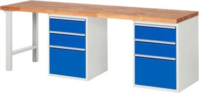 Produktbild von Werkbank mit 6 Schubladen - Teilauszug - 180:4 / 360:2 - 840 x 2.500 x 700 mm (HxBxT) - Traglast 1.000 kg - Buche