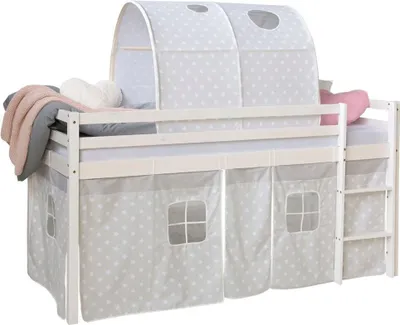 Produktbild von Homestyle4u Kinder Hochbett 90x200 weiss mit Tunnel Sternen Vorhang