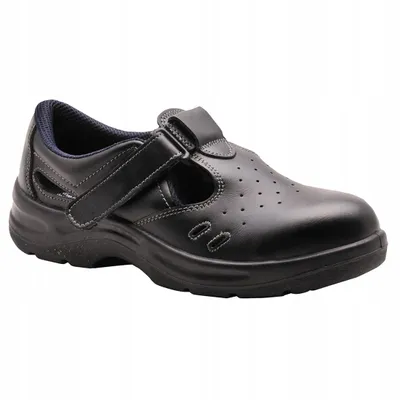 A black safety sandal is shown against a white background.