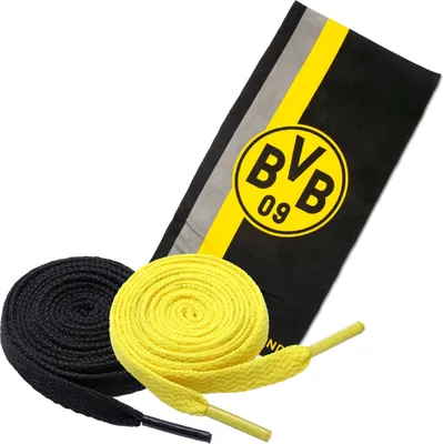 Produktbild von Borussia Dortmund BVB Duschtuch mit Logo im Streifenmuster + 2 Paar Fan-Schnürsenkel 2# 5#
