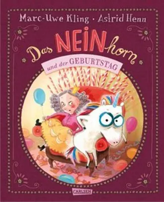 A book cover illustration featuring a girl riding a unicorn, surrounded by birthday decorations.